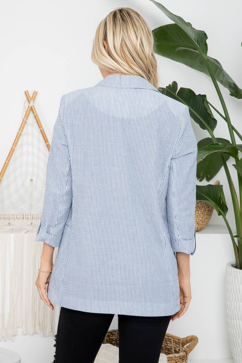 Seersucker Stripe Open Front Blazer