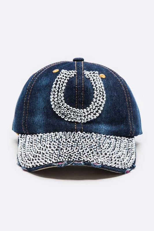Horse Shoe Crystal Embellished Cotton Cap