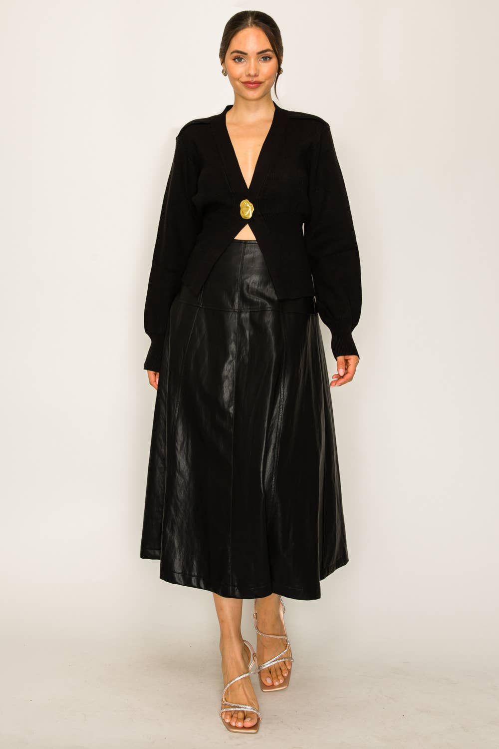 Velia Gold Accent Deep V-Neck Ribbed Cardigan