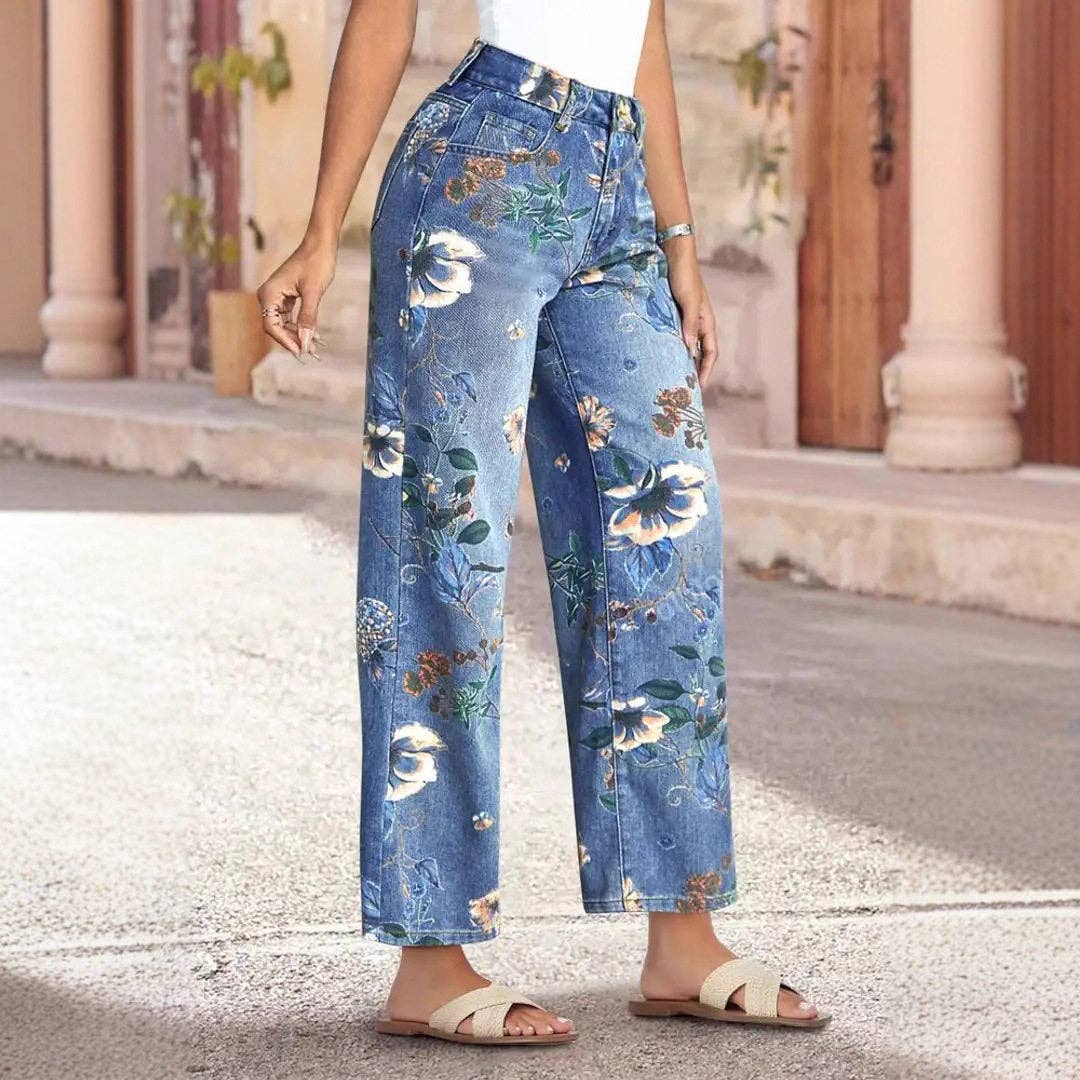 Floral Print High Waist Straight Leg Jeans