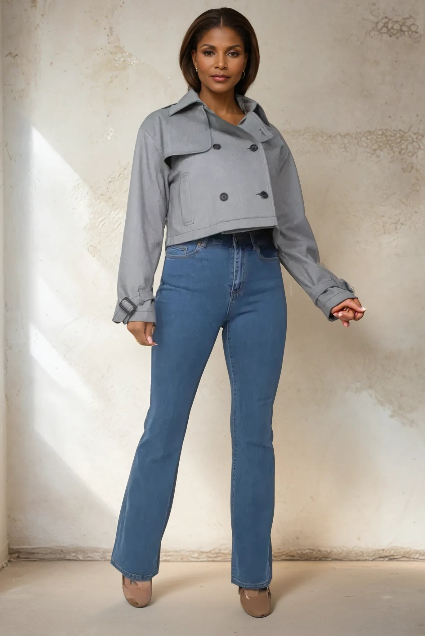 Notch Buckled Sleeve Crop Trench Coat