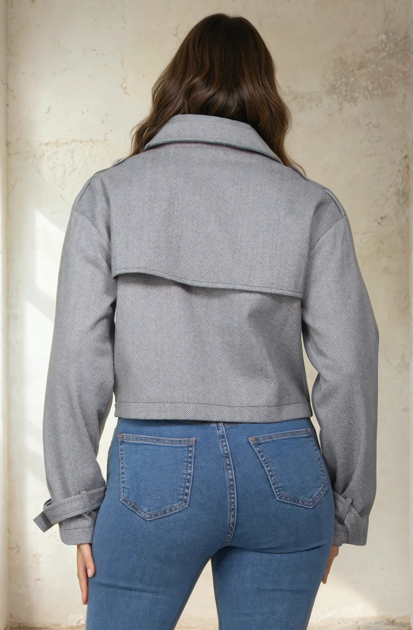 Notch Buckled Sleeve Crop Trench Coat