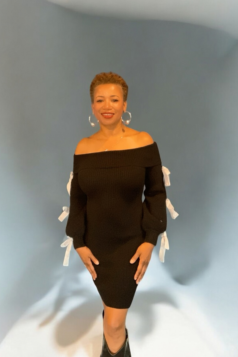 Keke- Off the shoulder Sweater Dress With Bowties. Party, Cocktail, Fall Dress