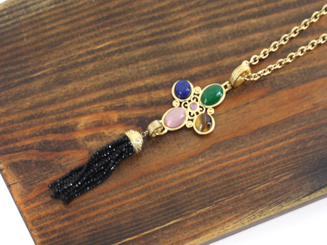 N25260 Stone Pendant Beaded Tassel Stainless Steel Necklace