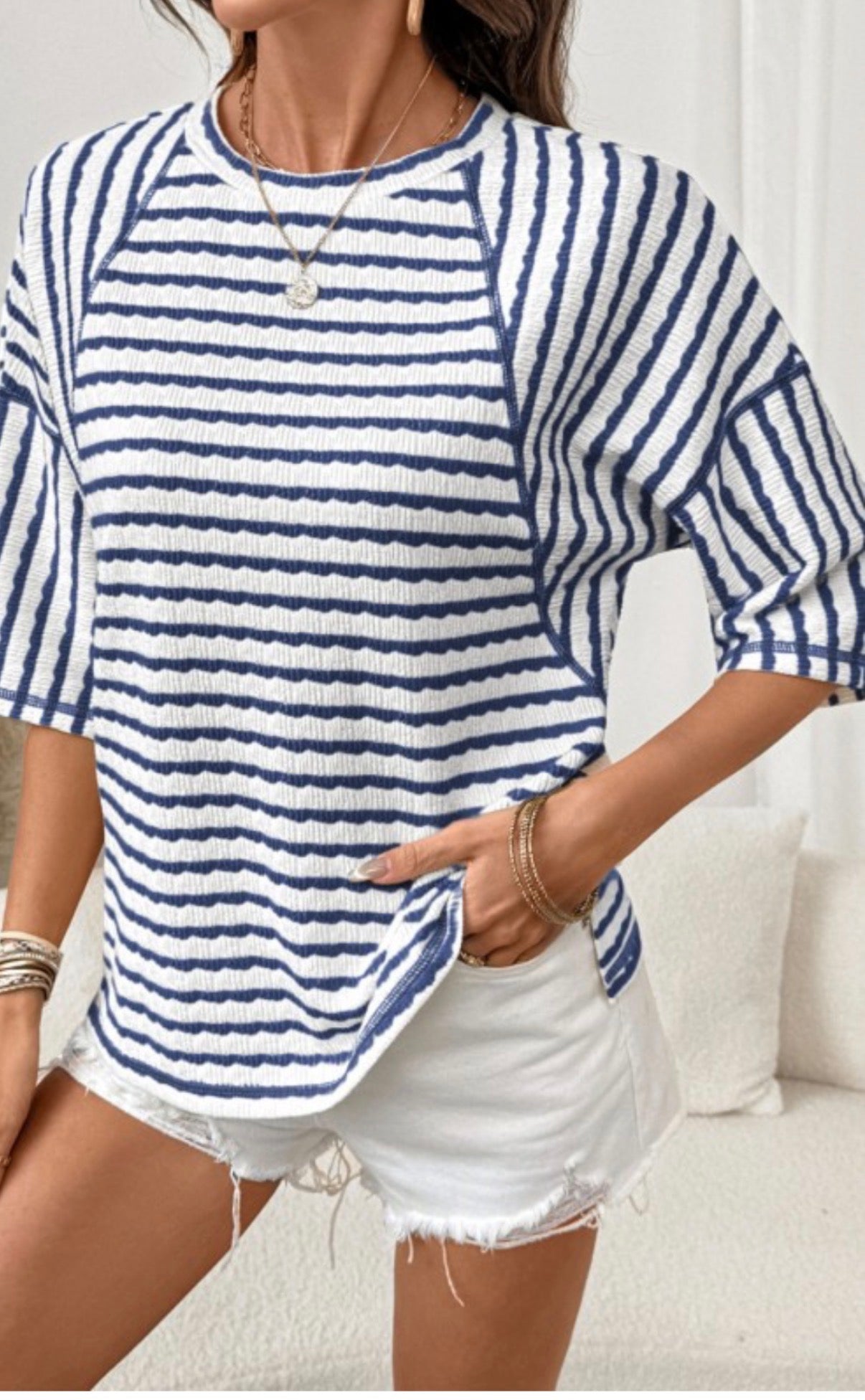 Striped Textured Knit Split Hem