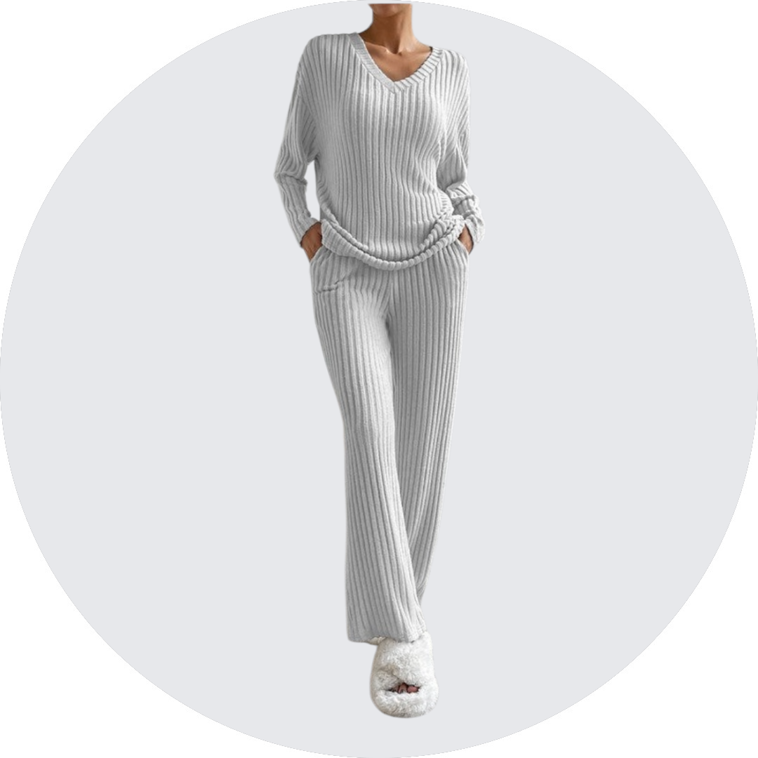 Women Ribbed Knit V Neck Slouchy Two-piece Outfit
