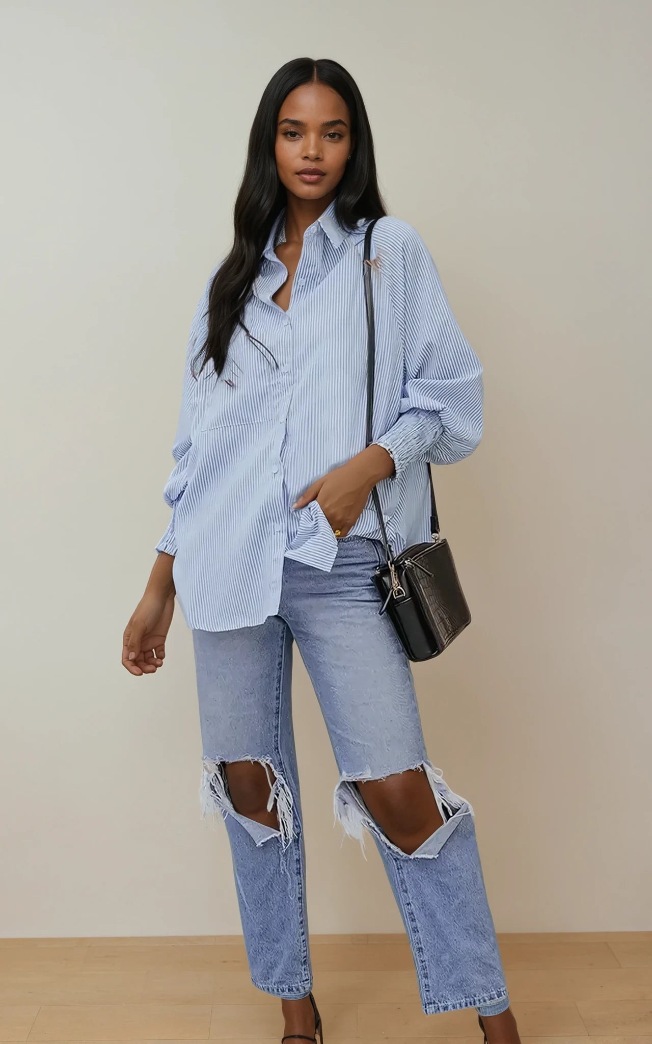 Leeza Stripe Smocked shirred oversized shirt blouse