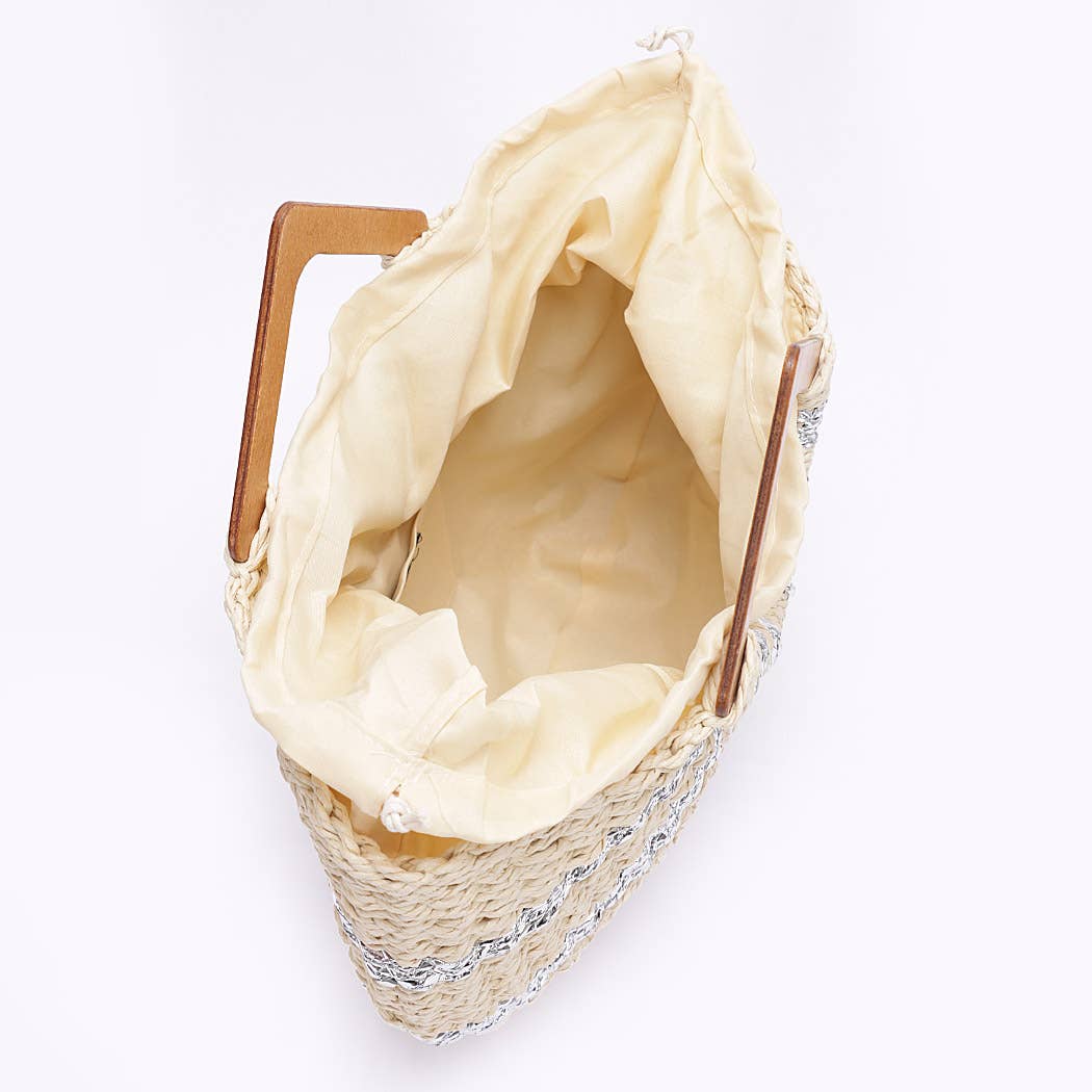 Faux Straw Handmade Metallic Stripe Wooden Handle Bag