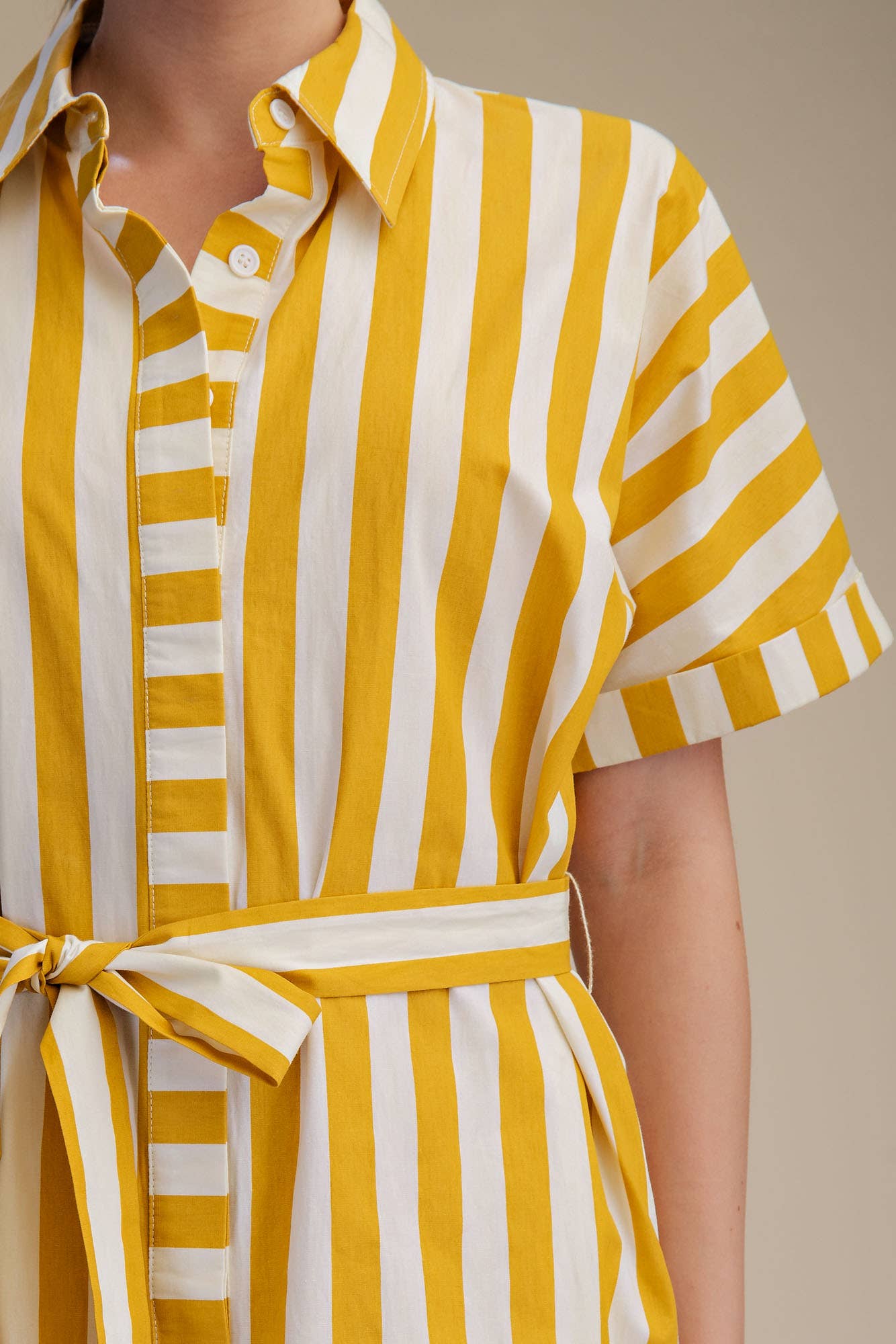 Collar Neck Button-Up Shirts Waist Tie Mini Dress