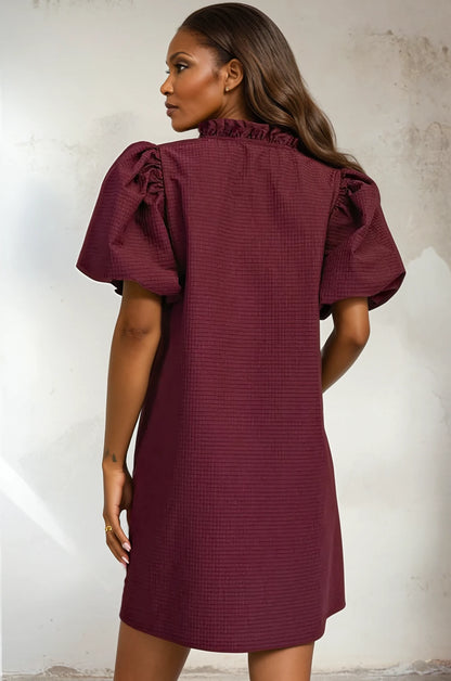 Ruffle V-Neck Puff Sleeve Mini Dress