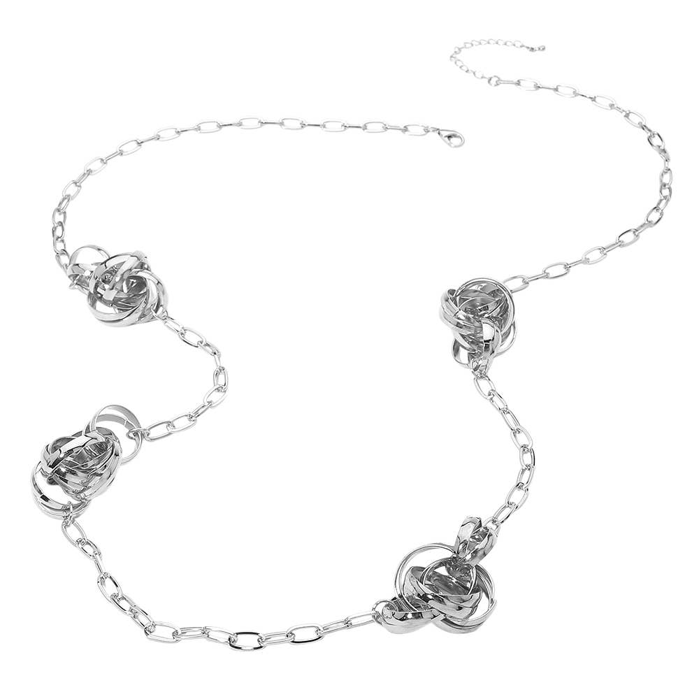 Abstract Textured Metal Ball Station Paperclip Chain Long Necklace