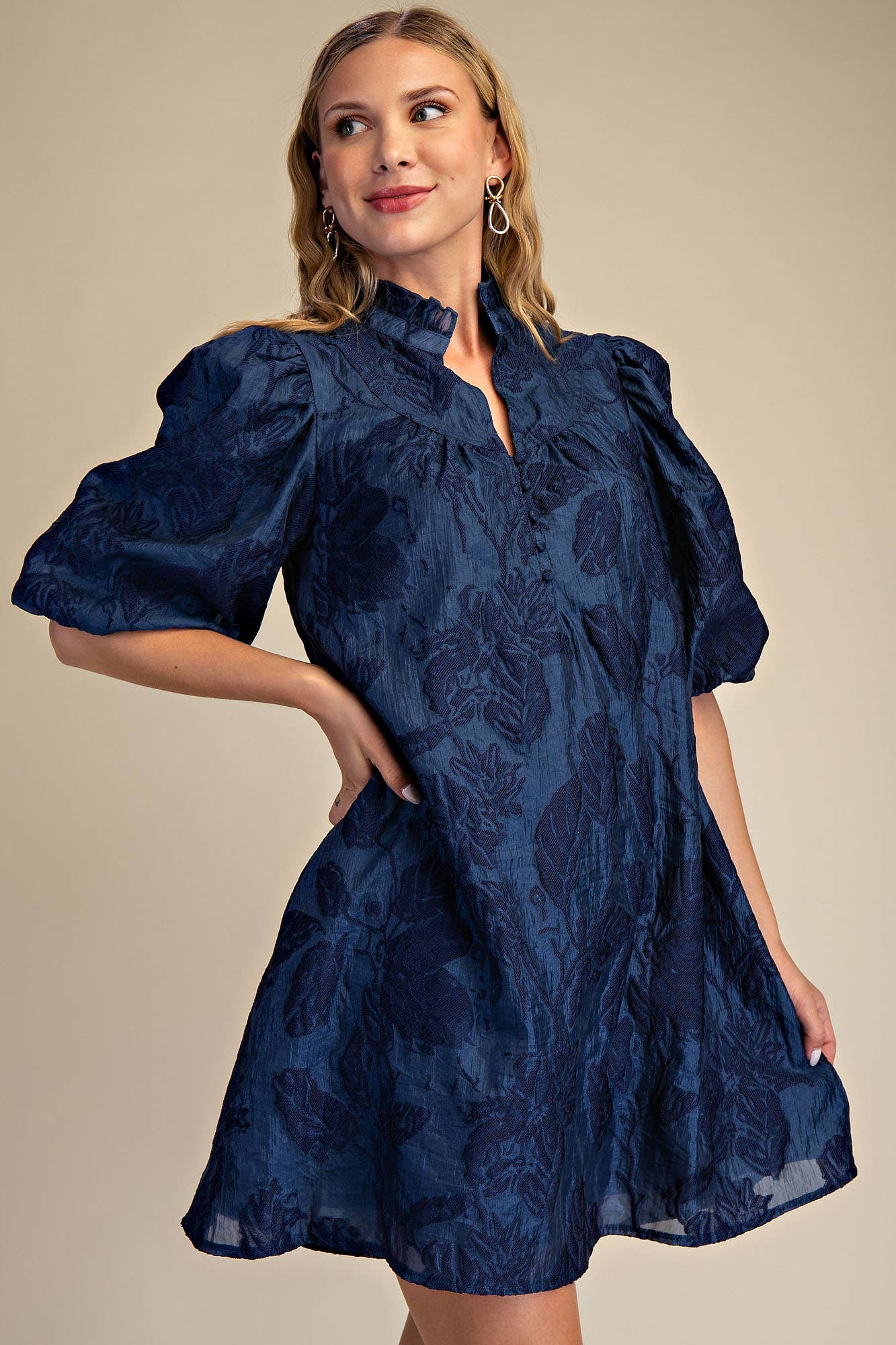 Ruffled Neck with Volume Sleeve Dress