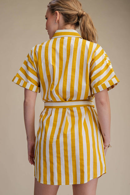 Collar Neck Button-Up Shirts Waist Tie Mini Dress