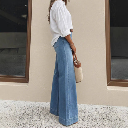 Blue Vintage Washed Wide Leg High Waist Denim Pants