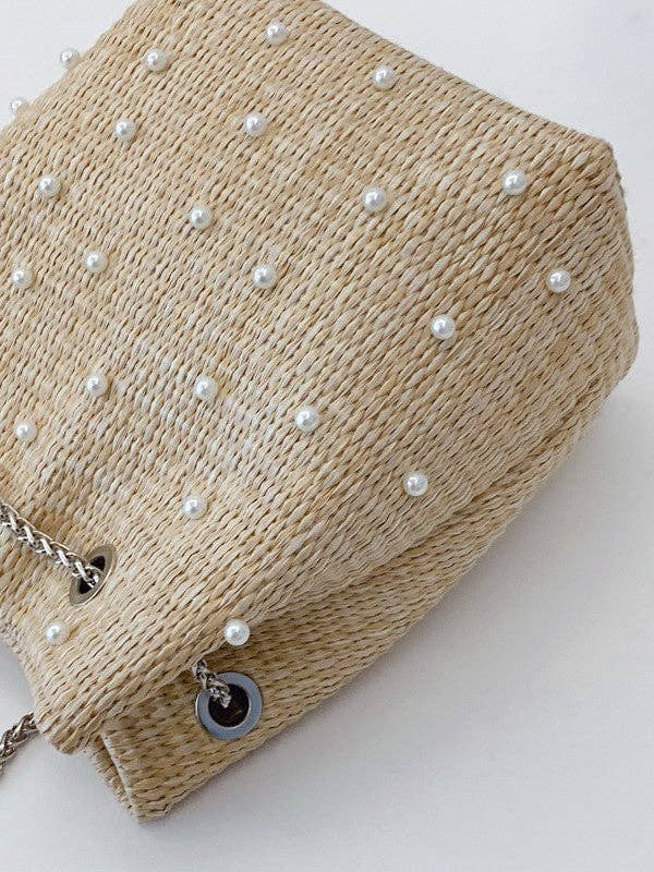 Mini Woven Bucket Bag with Pearl & Rhinestone Accents