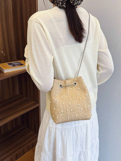 Mini Woven Bucket Bag with Pearl & Rhinestone Accents