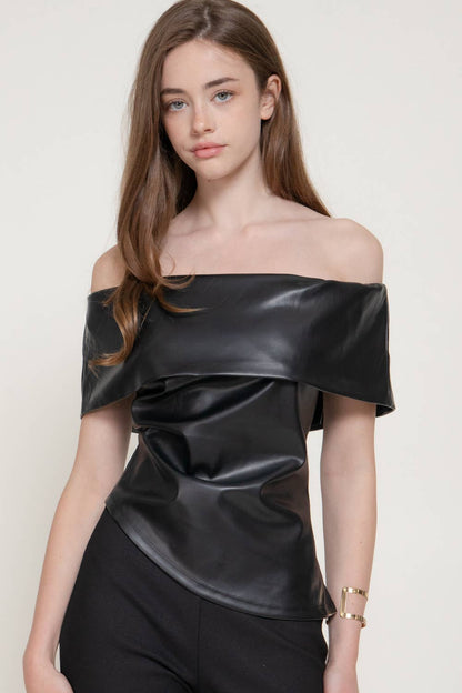 Off The Shoulder Faux Leather Top with Asymmetric Hem