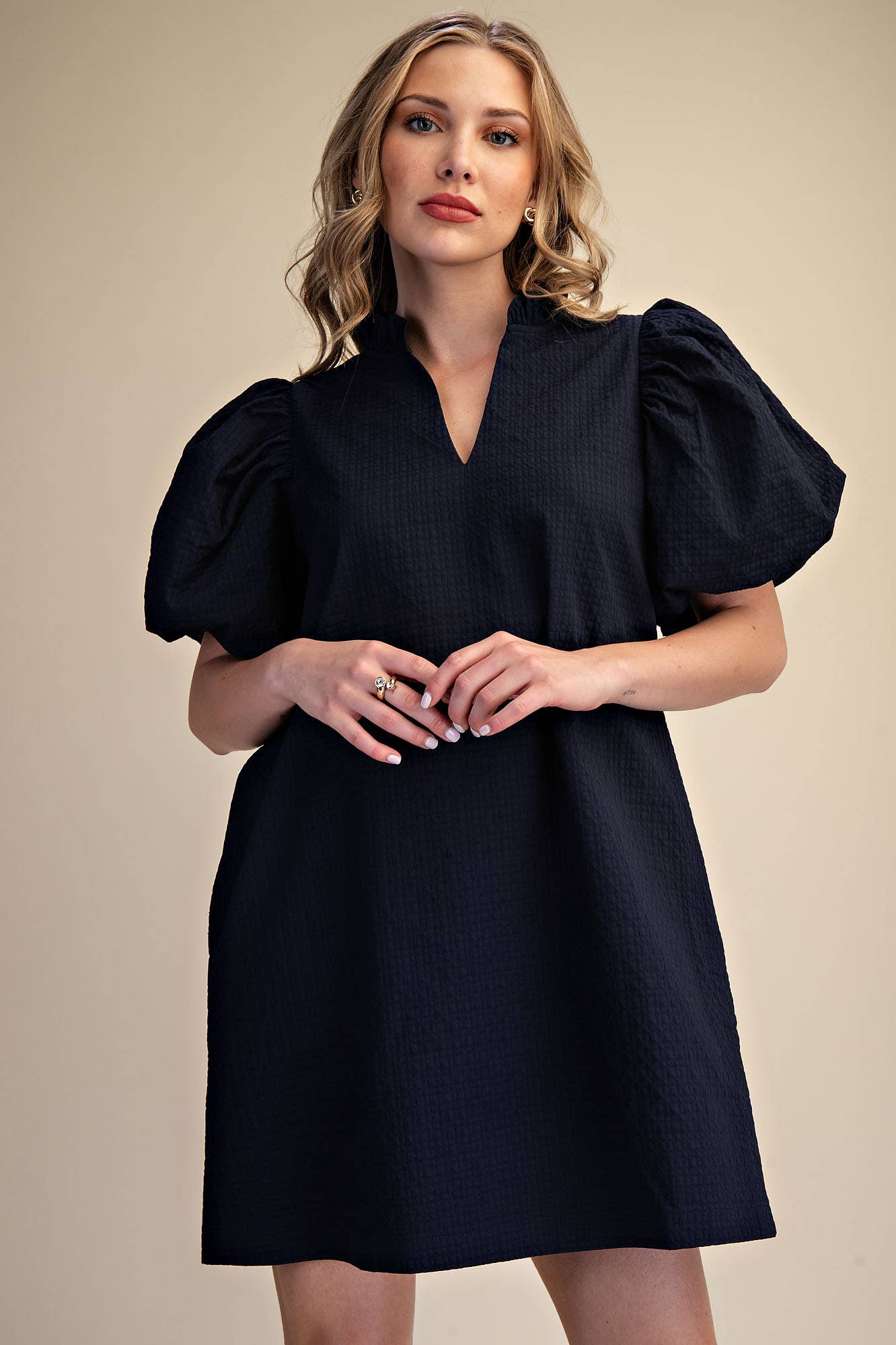 Textured Puff Sleeve Mini Dress