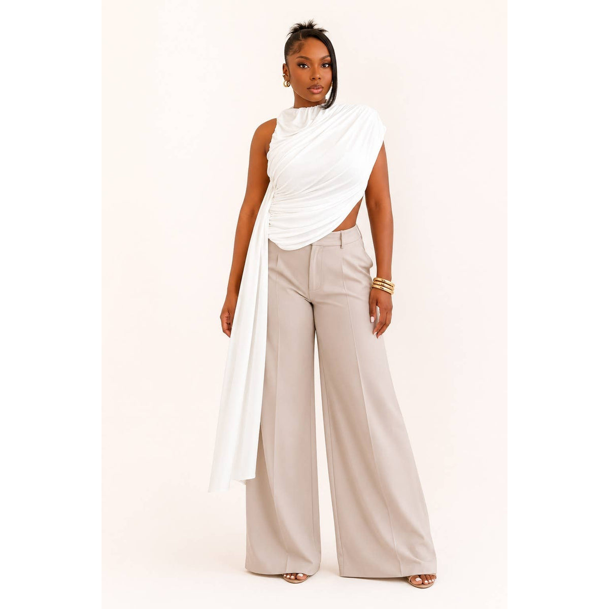 Asymmetrical Ruched Drape-Tail Top