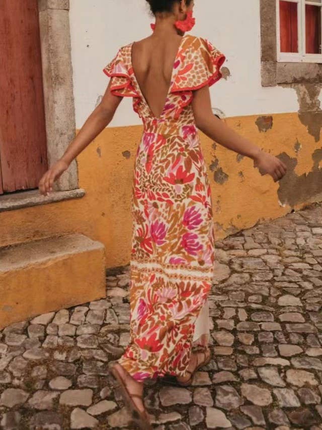 Ruffled Split Positional Print Backless Dress