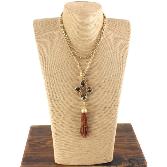 N25260 Stone Pendant Beaded Tassel Stainless Steel Necklace