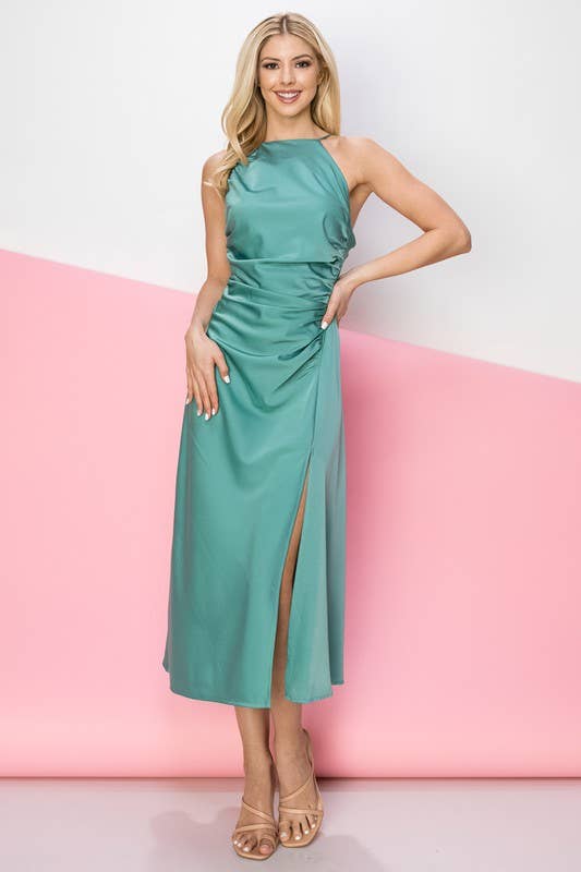 RUCHED SATIN MIDI DRESS