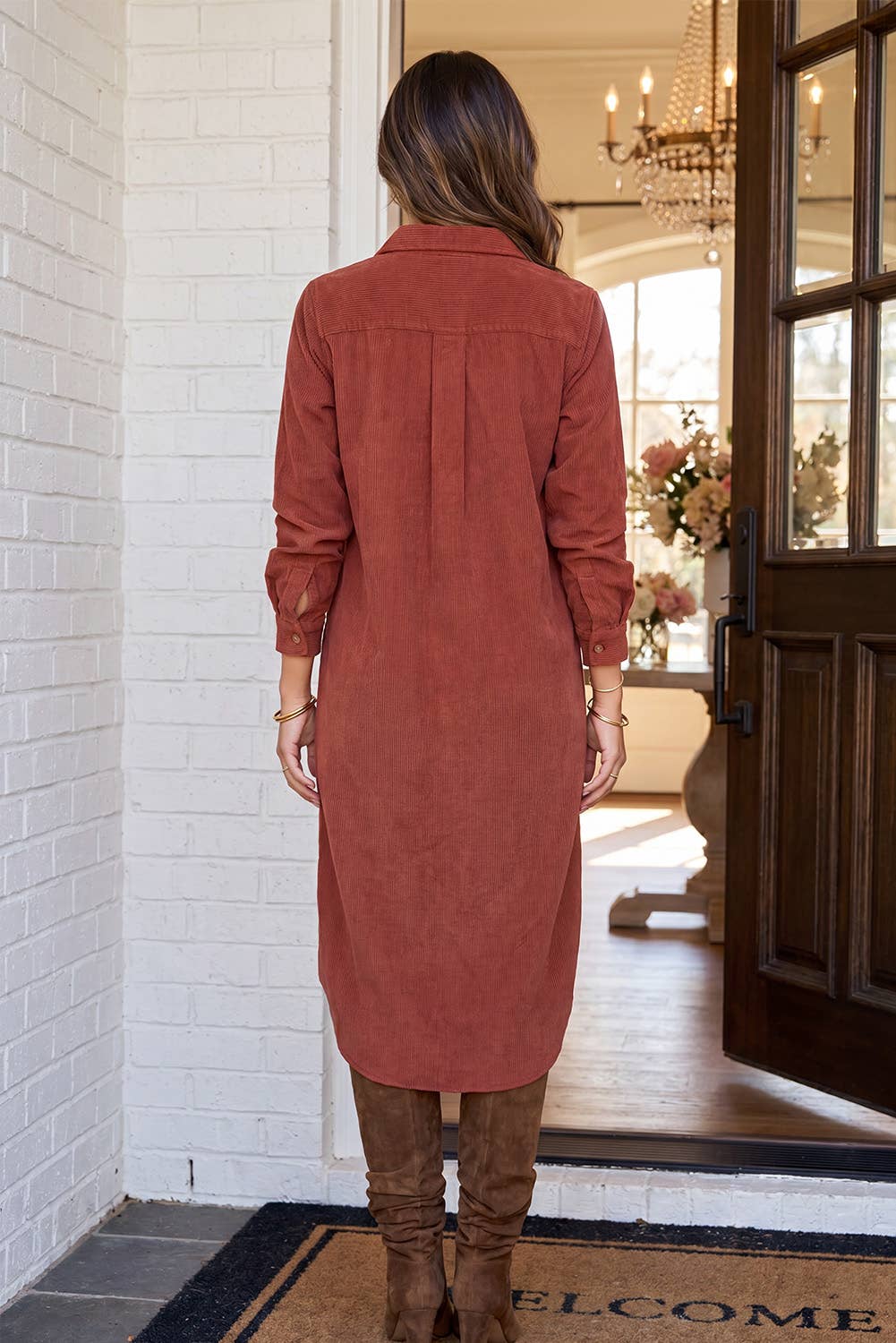 Corduroy Button Down Shirt Midi Dress by LA Society