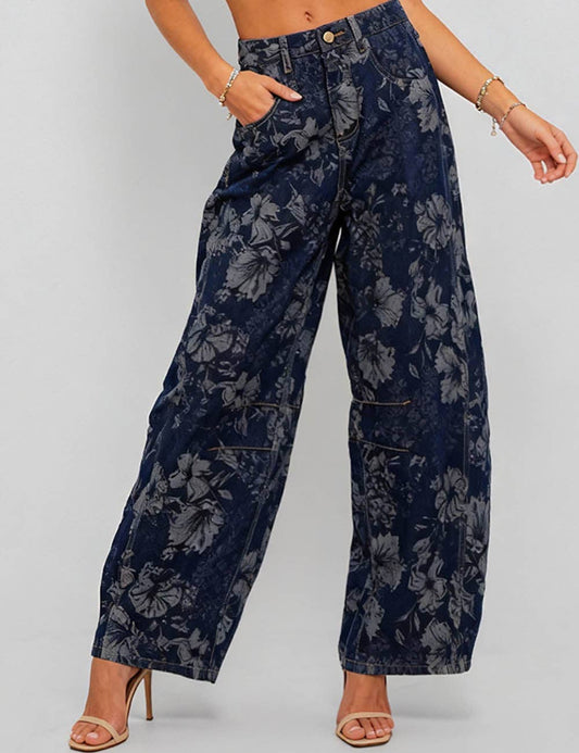Ladies Vintage Denim Pants Floral Print Barrel Pants