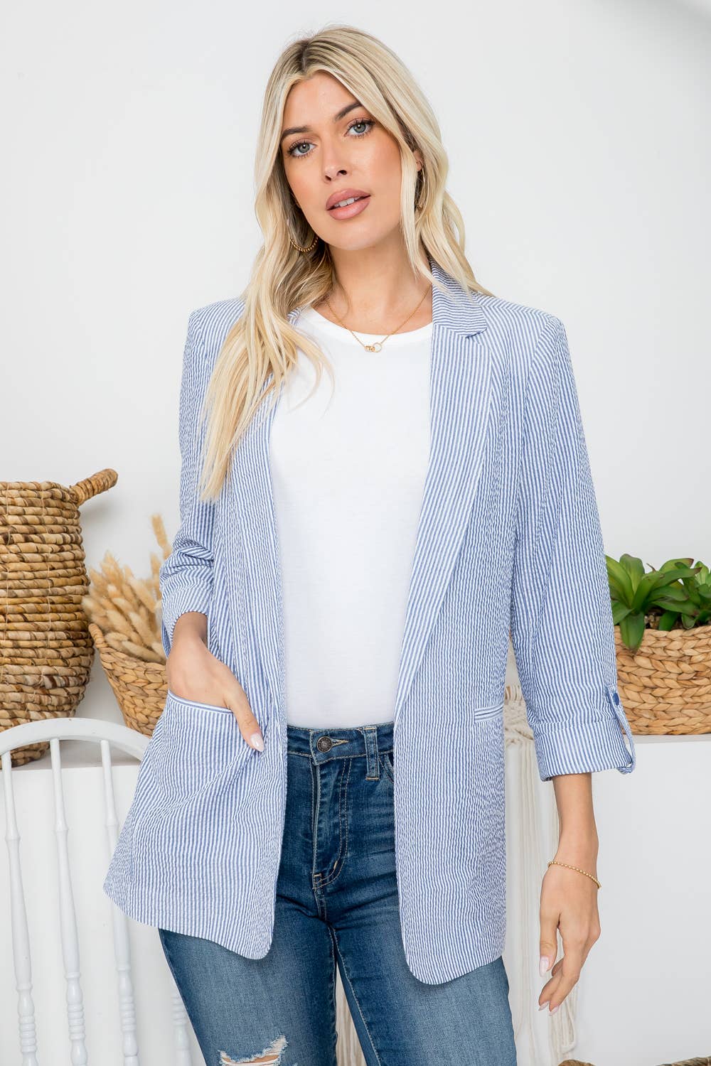 Seersucker Stripe Open Front Blazer