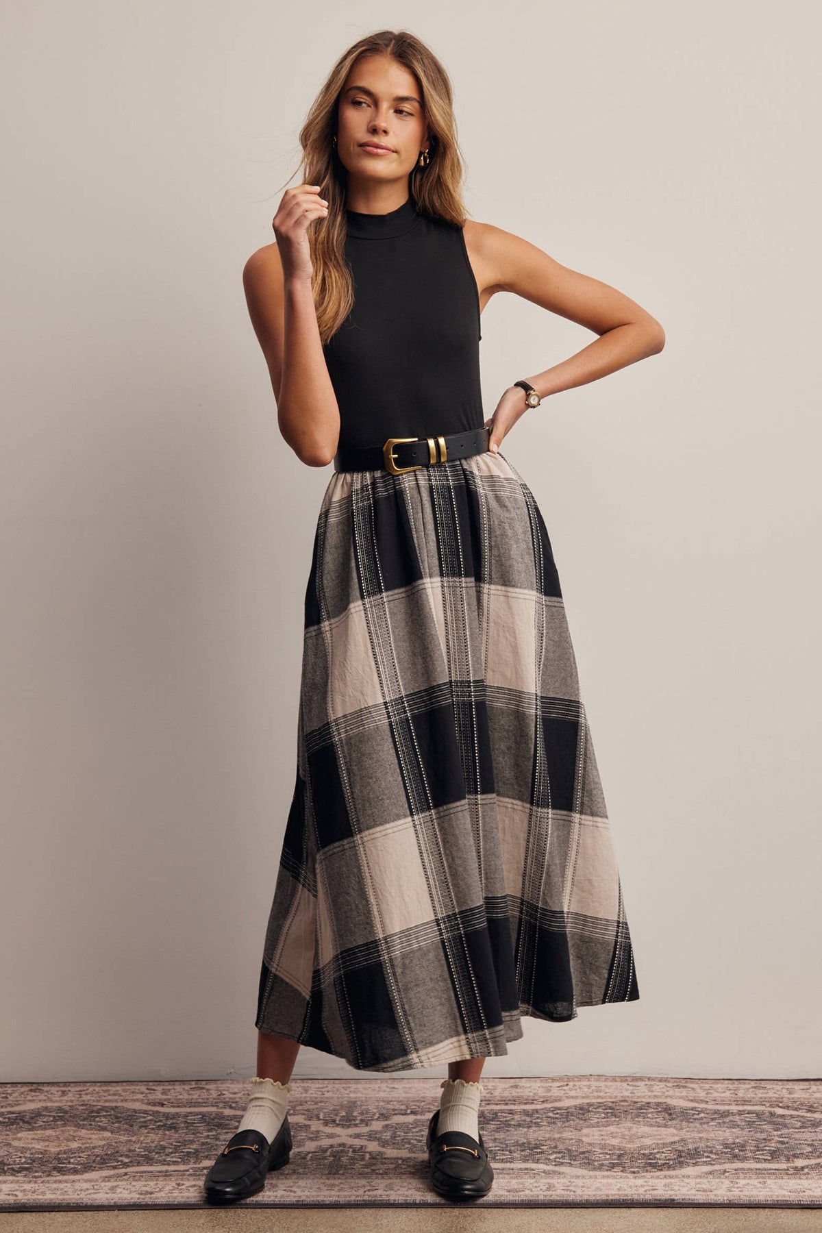 Mock Neck Mixed Media Plaid Midi Dress