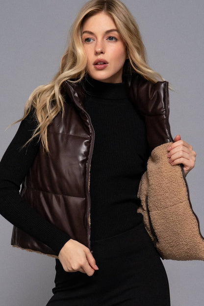 Tashena Reversible Faux Leather-Sherpa Contrast Bubble Crop Vest