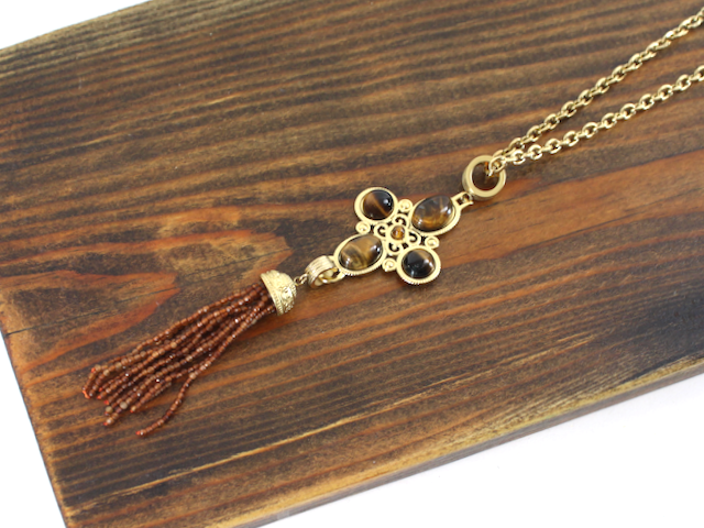 N25260 Stone Pendant Beaded Tassel Stainless Steel Necklace