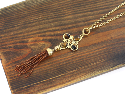 N25260 Stone Pendant Beaded Tassel Stainless Steel Necklace