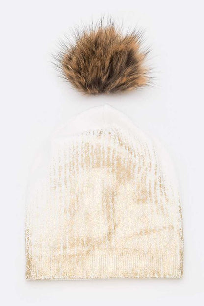 Metallic Cashmere Fur Pom Beanie