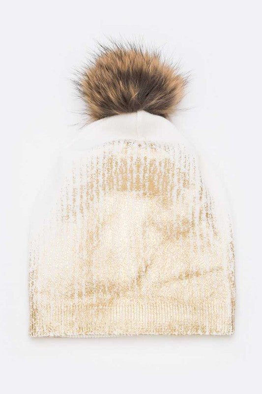 Metallic Cashmere Fur Pom Beanie