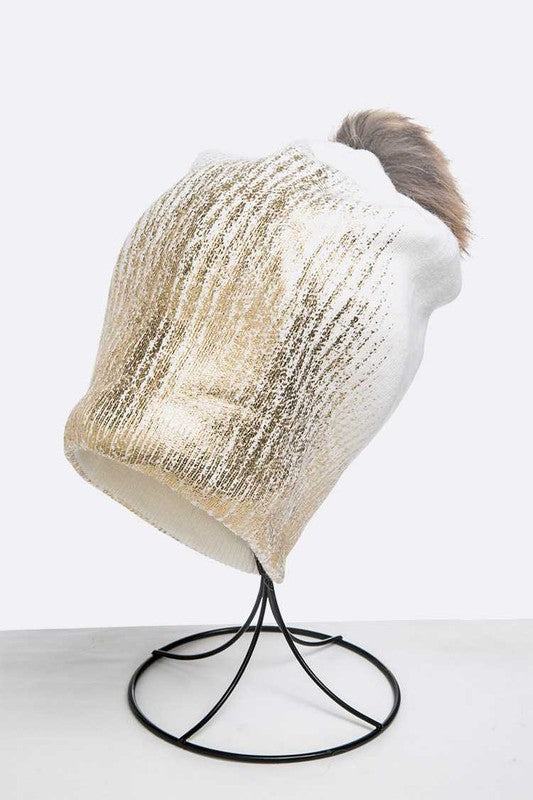 Metallic Cashmere Fur Pom Beanie