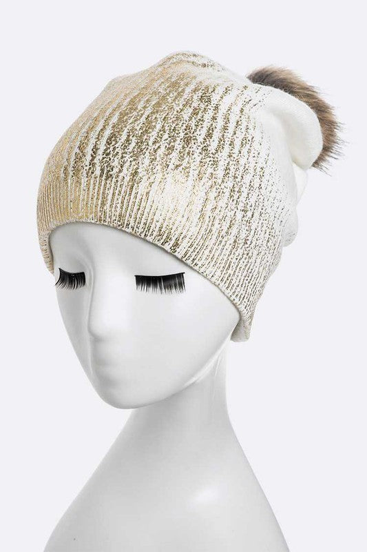 Metallic Cashmere Fur Pom Beanie