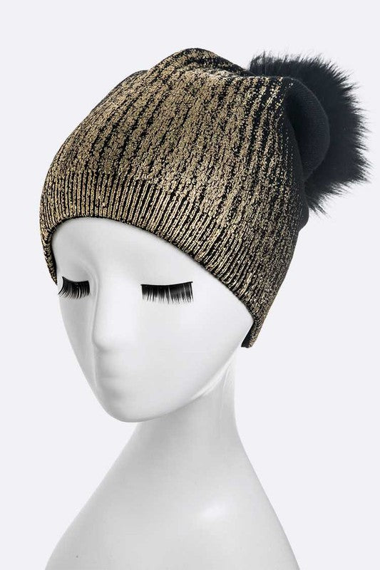 Metallic Cashmere Fur Pom Beanie