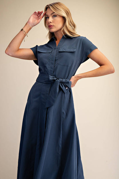 Collar V-neck Front Pocket Button Down Midi Dress