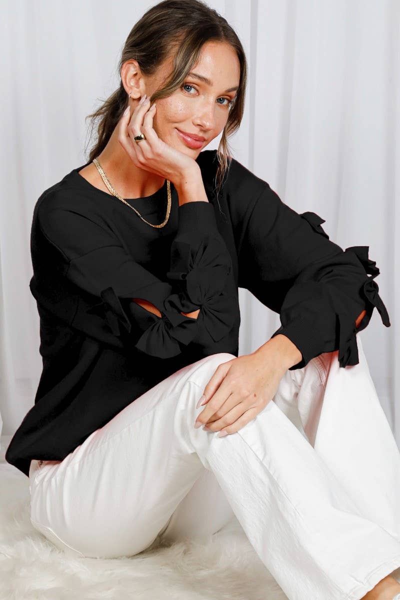 Bow Embellished Long-Sleeve Crew Neck Knit Sweater