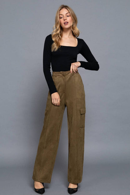 Veronica High Waist Straight Line Suede Cargo Pants