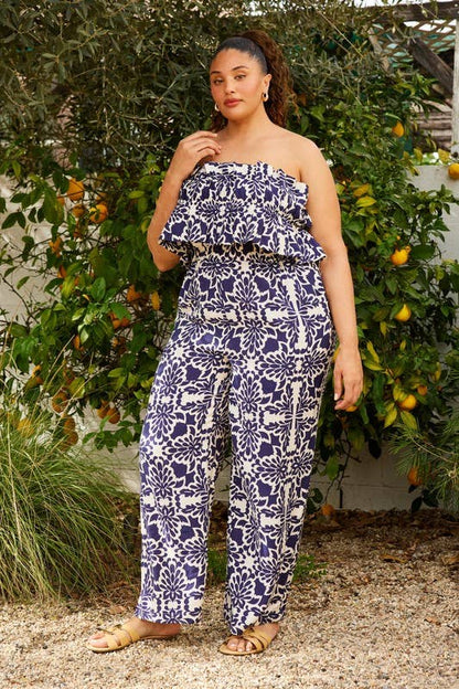 Printed Wide Leg Strapless Jumpsuit
