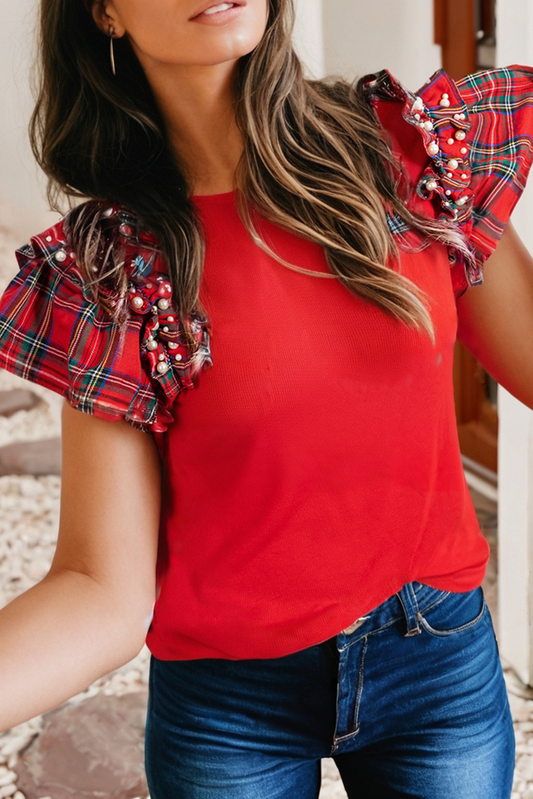 Joy Plaid Pearl Ruffle Short Sleeve Top