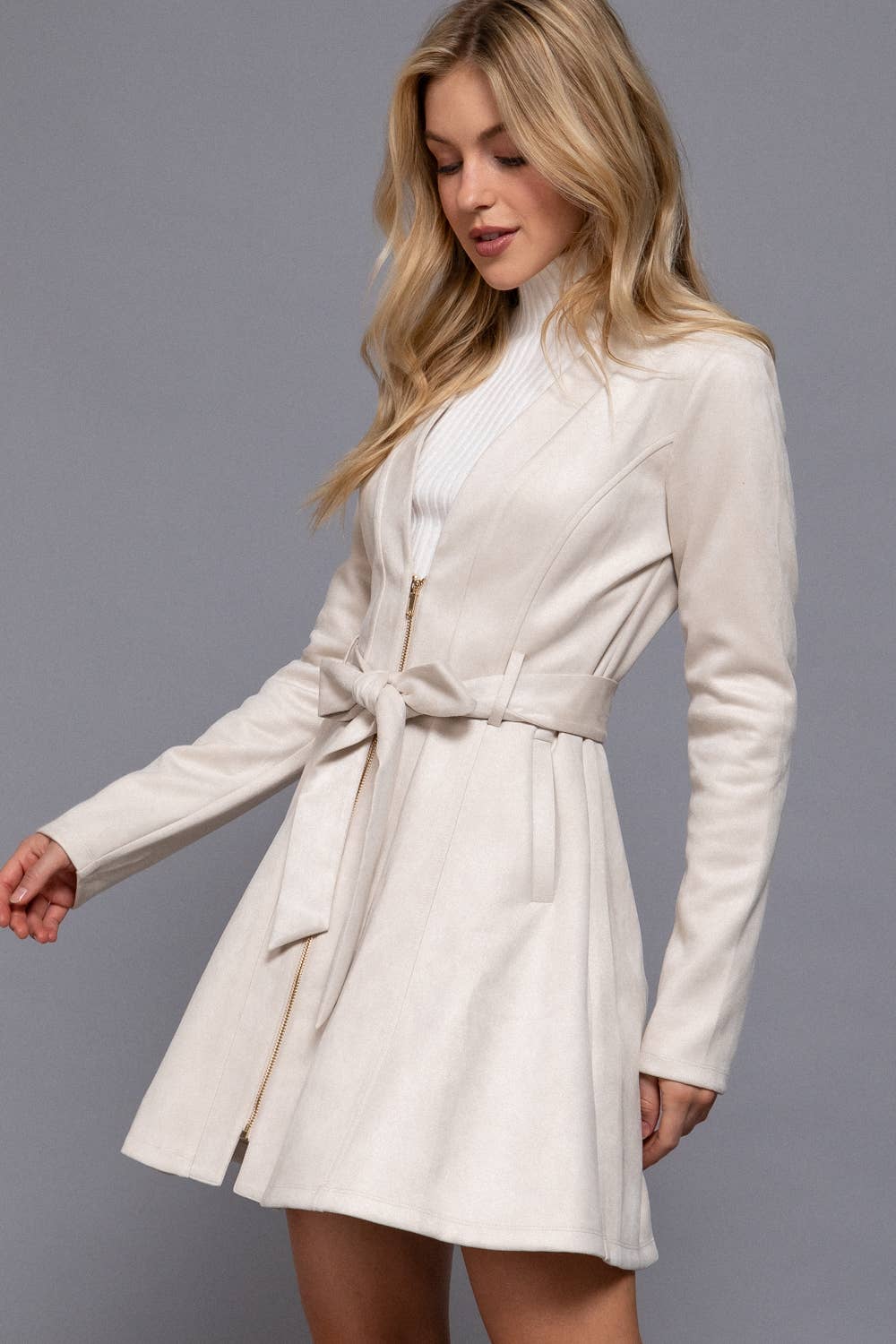 Briah V-Neck Zip-Up Belted Faux Suede Dress Jacket