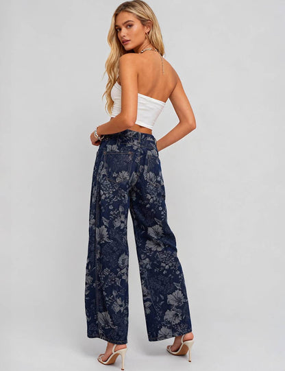 Ladies Vintage Denim Pants Floral Print Barrel Pants