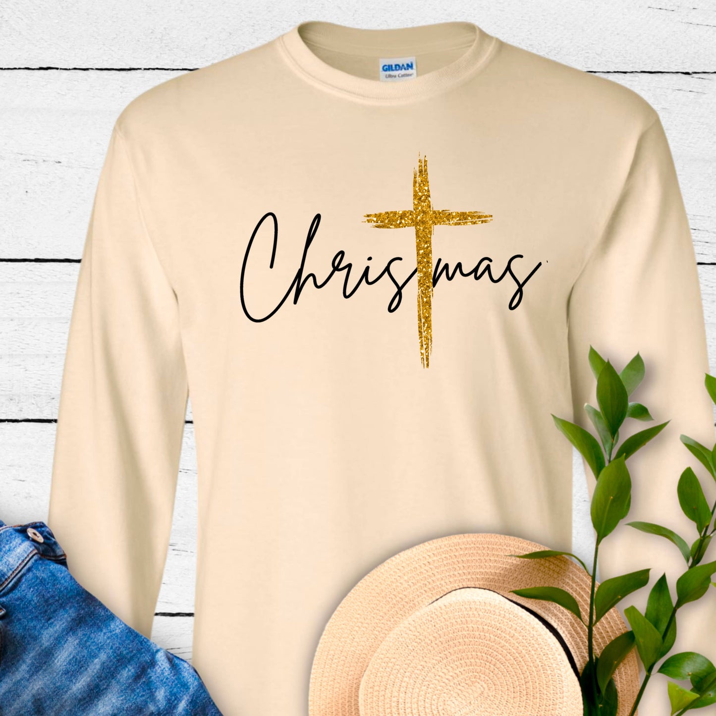 Christmas with Gold Cross- Graphic Sweatshirt