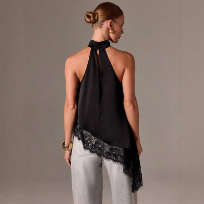 Satin Lace Trim Halter Top