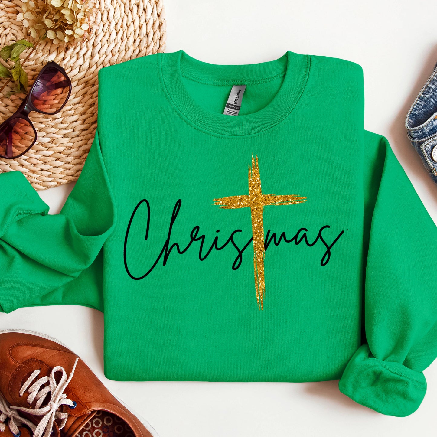 Christmas with Gold Cross- Graphic Sweatshirt