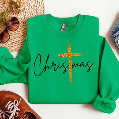 Christmas with Gold Cross- Graphic Sweatshirt