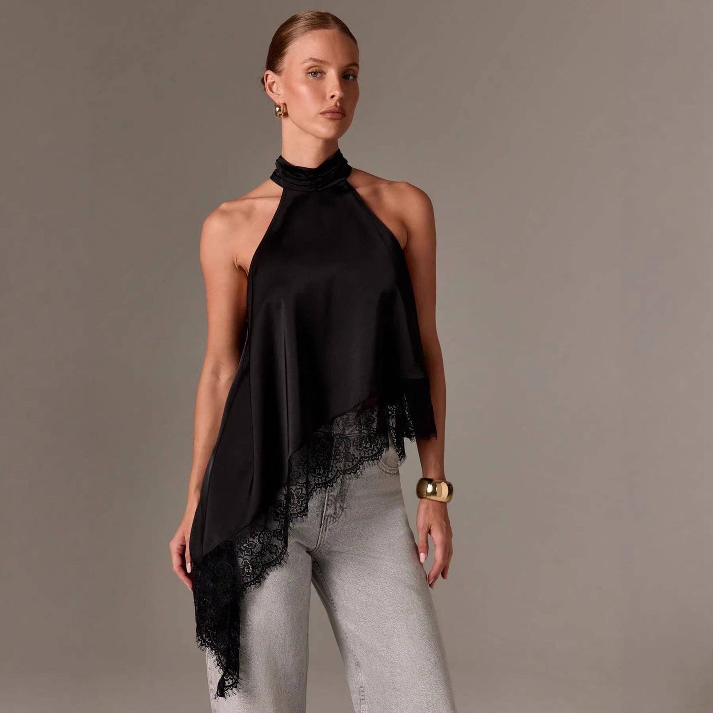 Satin Lace Trim Halter Top